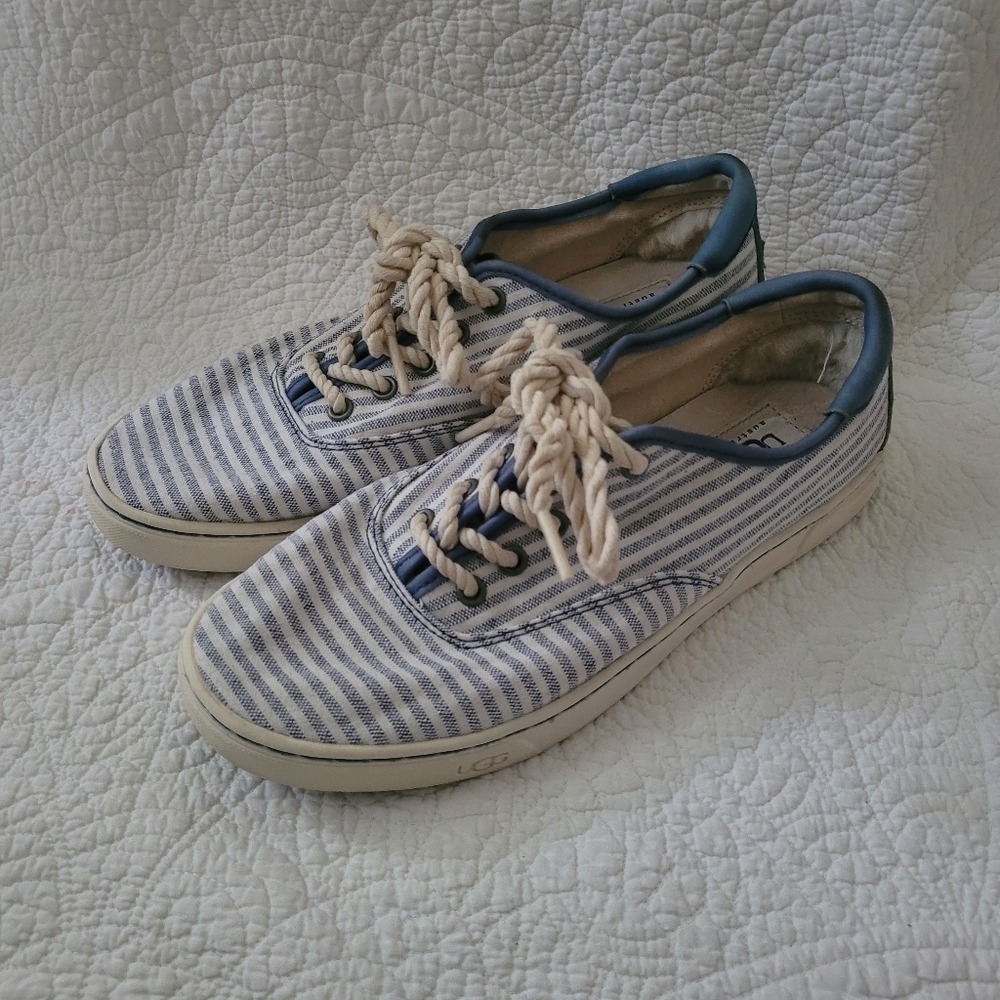 UGG Canvas Blue & White Striped Low Top Lace UP Sneakers